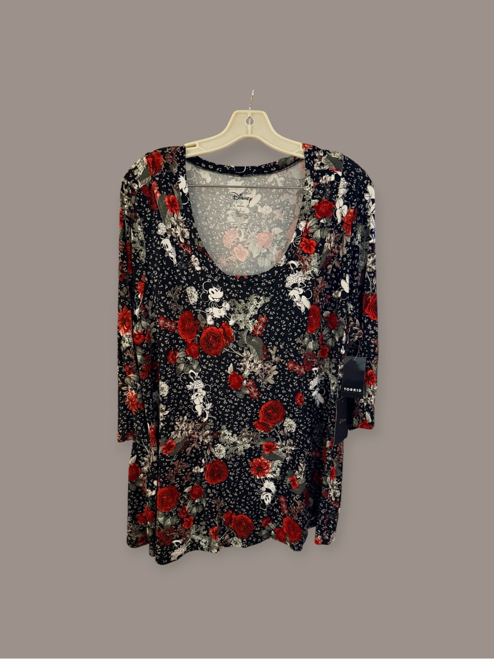 torrid Black Scoop Neck Top with Red Rose & White Mickey Minnie Print - NWT